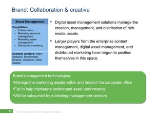 Brand: Collaboration & creative

                                                 Digital asset management solutions manage the
                                                  creation, management, and distribution of rich
                                                  media assets.
                                                 Larger players from the enterprise content
                                                  management, digital asset management, and
                                                  distributed marketing have begun to position
                                                  themselves in this space.



     Brand management technologies:
     Brand management technologies:
     •Manage the marketing assets within and beyond the corporate office
     •Manage the marketing assets within and beyond the corporate office
     •Fail to help marketers understand asset performance
     •Fail to help marketers understand asset performance
     •Will be subsumed by marketing management vendors
     •Will be subsumed by marketing management vendors


32     © 2012 Forrester Research, Inc. Reproduction Prohibited
 
