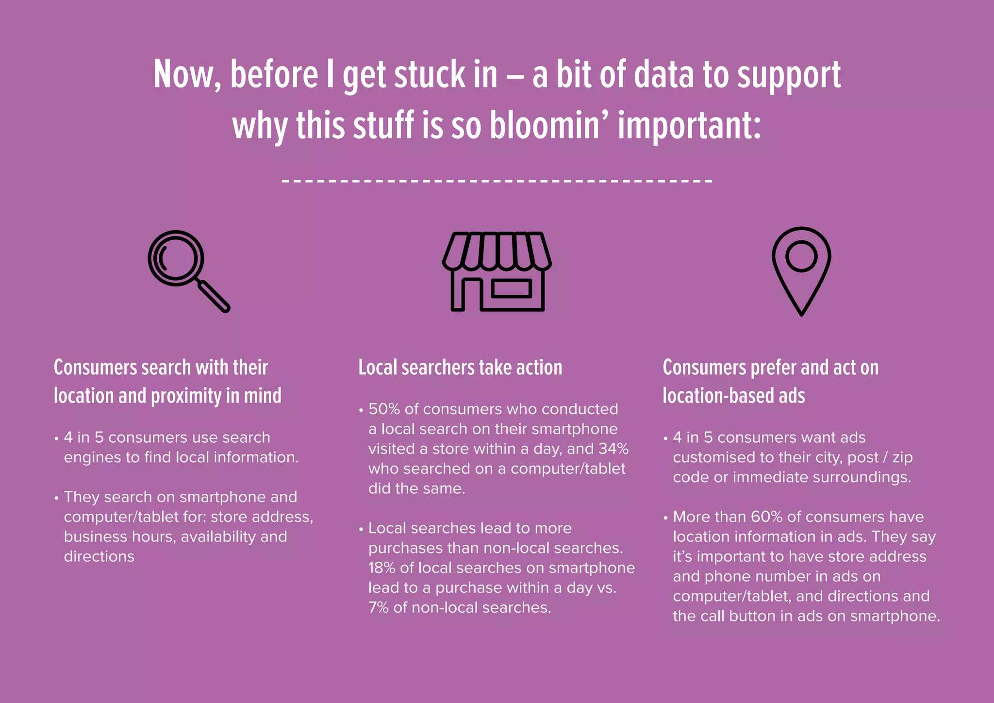Now, before I get stuck in – a bit of data to support
why this stuff is so bloomin’ important:
Consumers search with their
location and proximity in mind
• 4 in 5 consumers use search
engines to find local information.
• They search on smartphone and
computer/tablet for: store address,
business hours, availability and
directions
Local searchers take action
• 50% of consumers who conducted
a local search on their smartphone
visited a store within a day, and 34%
who searched on a computer/tablet
did the same.
• Local searches lead to more
purchases than non-local searches.
18% of local searches on smartphone
lead to a purchase within a day vs.
7% of non-local searches.
Consumers prefer and act on
location-based ads
• 4 in 5 consumers want ads
customised to their city, post / zip
code or immediate surroundings.
• More than 60% of consumers have
location information in ads. They say
it’s important to have store address
and phone number in ads on
computer/tablet, and directions and
the call button in ads on smartphone.
 