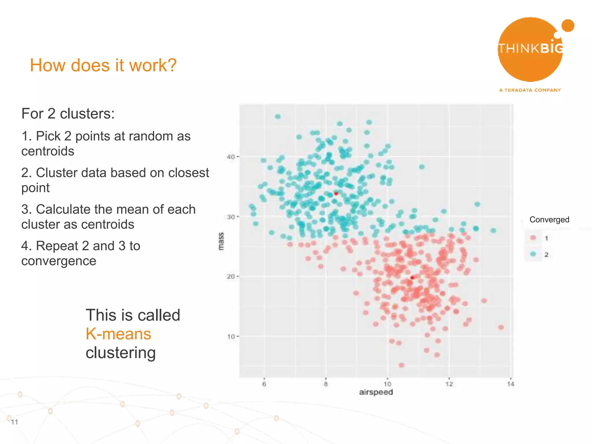 11
For 2 clusters:
1. Pick 2 points at random as
centroids
2. Cluster data based on closest
point
3. Calculate the mean of each
cluster as centroids
4. Repeat 2 and 3 to
convergence
How does it work?
Converged
This is called
K-means
clustering
… and there is a Spark
function for this
 