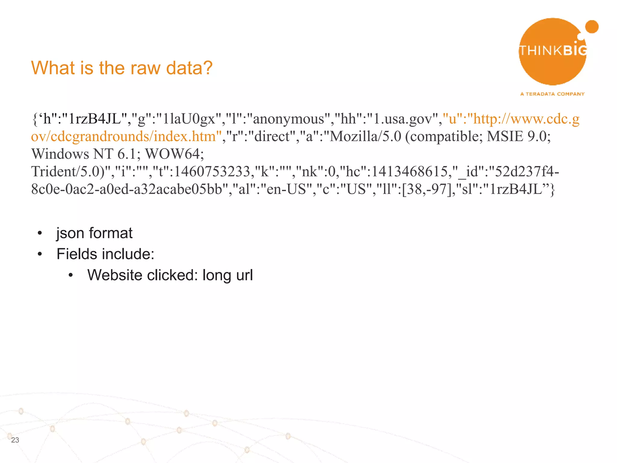 23
What is the raw data?
{‘h":"1rzB4JL","g":"1laU0gx","l":"anonymous","hh":"1.usa.gov","u":"http://www.cdc.g
ov/cdcgrandrounds/index.htm","r":"direct","a":"Mozilla/5.0 (compatible; MSIE 9.0;
Windows NT 6.1; WOW64;
Trident/5.0)","i":"","t":1460753233,"k":"","nk":0,"hc":1413468615,"_id":"52d237f4-
8c0e-0ac2-a0ed-a32acabe05bb","al":"en-US","c":"US","ll":[38,-97],"sl":"1rzB4JL”}
• json format
 