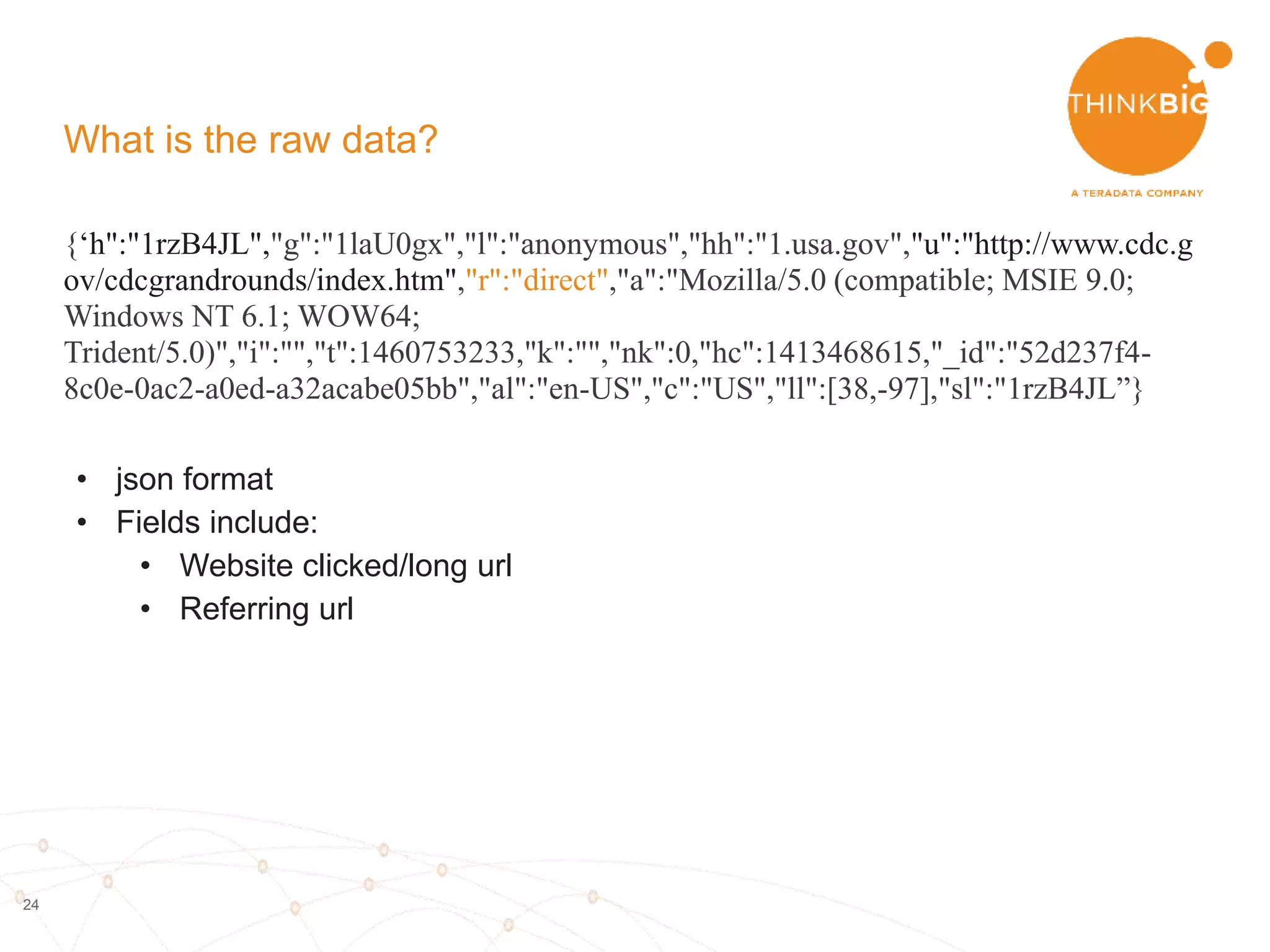 24
What is the raw data?
{‘h":"1rzB4JL","g":"1laU0gx","l":"anonymous","hh":"1.usa.gov","u":"http://www.cdc.g
ov/cdcgrandrounds/index.htm","r":"direct","a":"Mozilla/5.0 (compatible; MSIE 9.0;
Windows NT 6.1; WOW64;
Trident/5.0)","i":"","t":1460753233,"k":"","nk":0,"hc":1413468615,"_id":"52d237f4-
8c0e-0ac2-a0ed-a32acabe05bb","al":"en-US","c":"US","ll":[38,-97],"sl":"1rzB4JL”}
• json format
• Fields include:
• Website clicked: long url
 