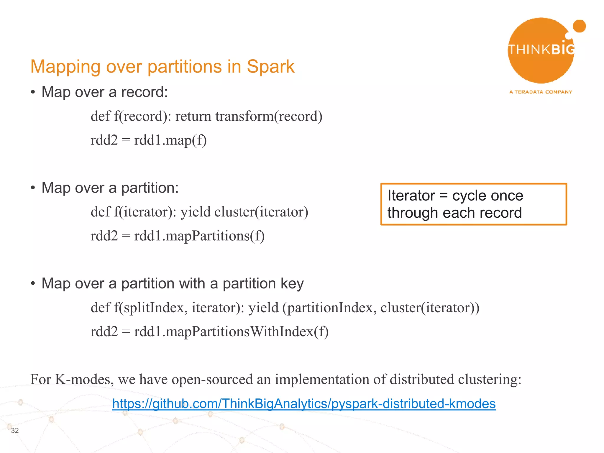 32
Actual transformation
• Define parsing function
• Map parsing function over RDD
Leverage user-agents library
Apply custom function to user
agent string
 