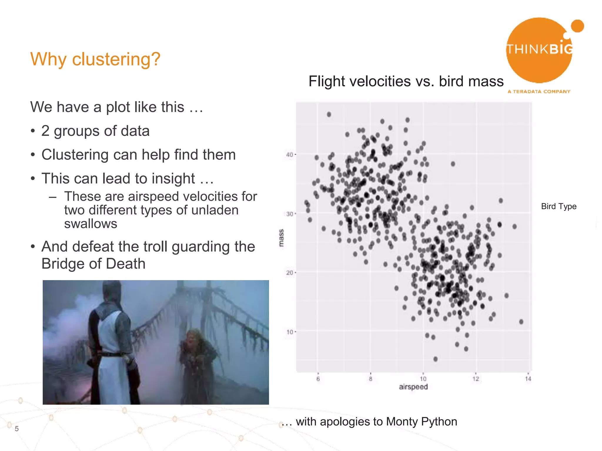5
We have a plot like this …
• 2 groups of data
• Clustering can find them
• This can lead to insight …
– There are two different groups of
unladen swallows
– The heavy species flies more
slowly
– When asking for airspeed, we
should specify if we mean African
or European swallows
Why clustering?
… with apologies to Monty Python
Bird Type
Flight velocities vs. bird mass
 