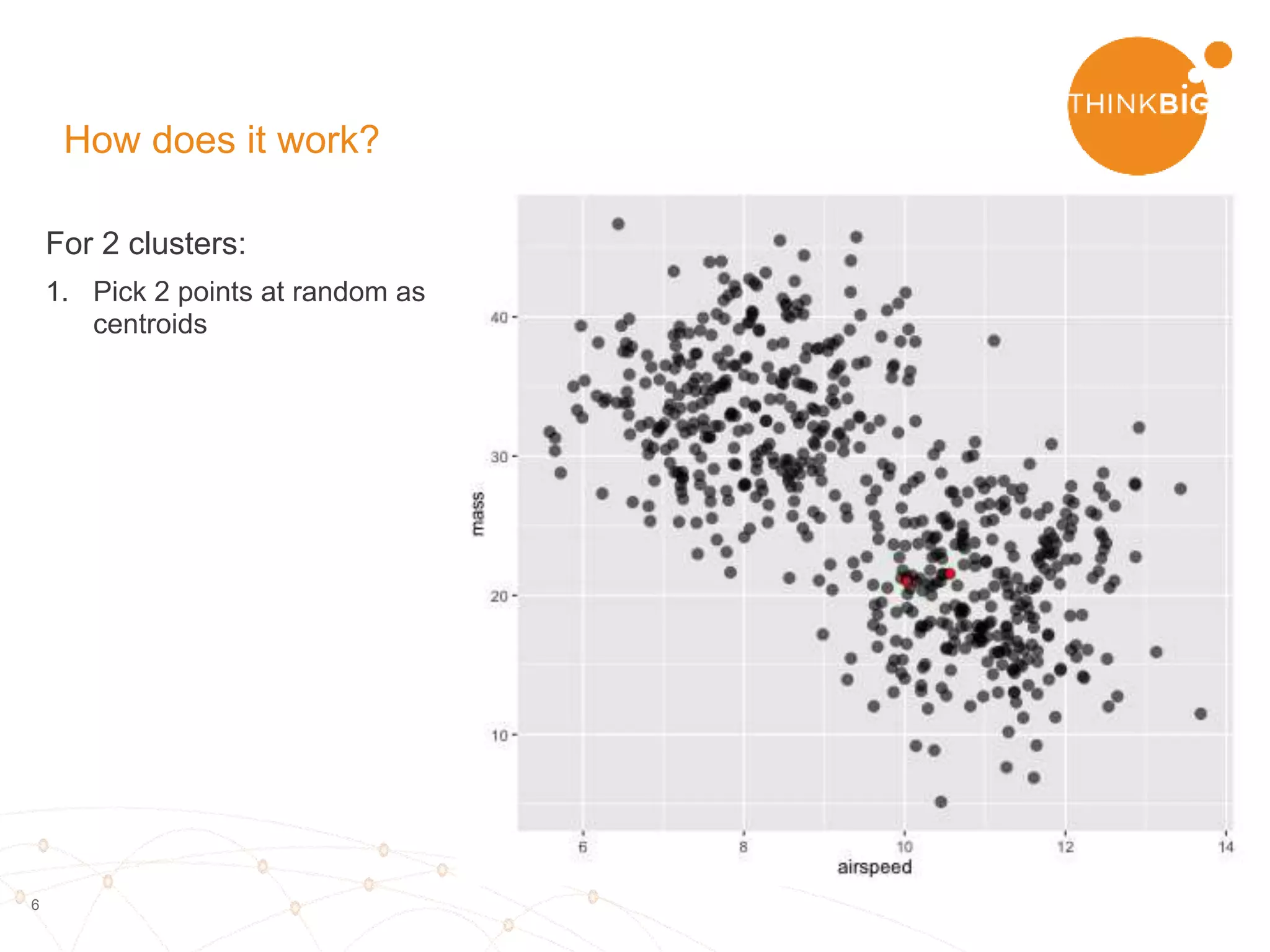 6
For 2 clusters:
1. Pick 2 points at random as
centroids
How does it work?
 