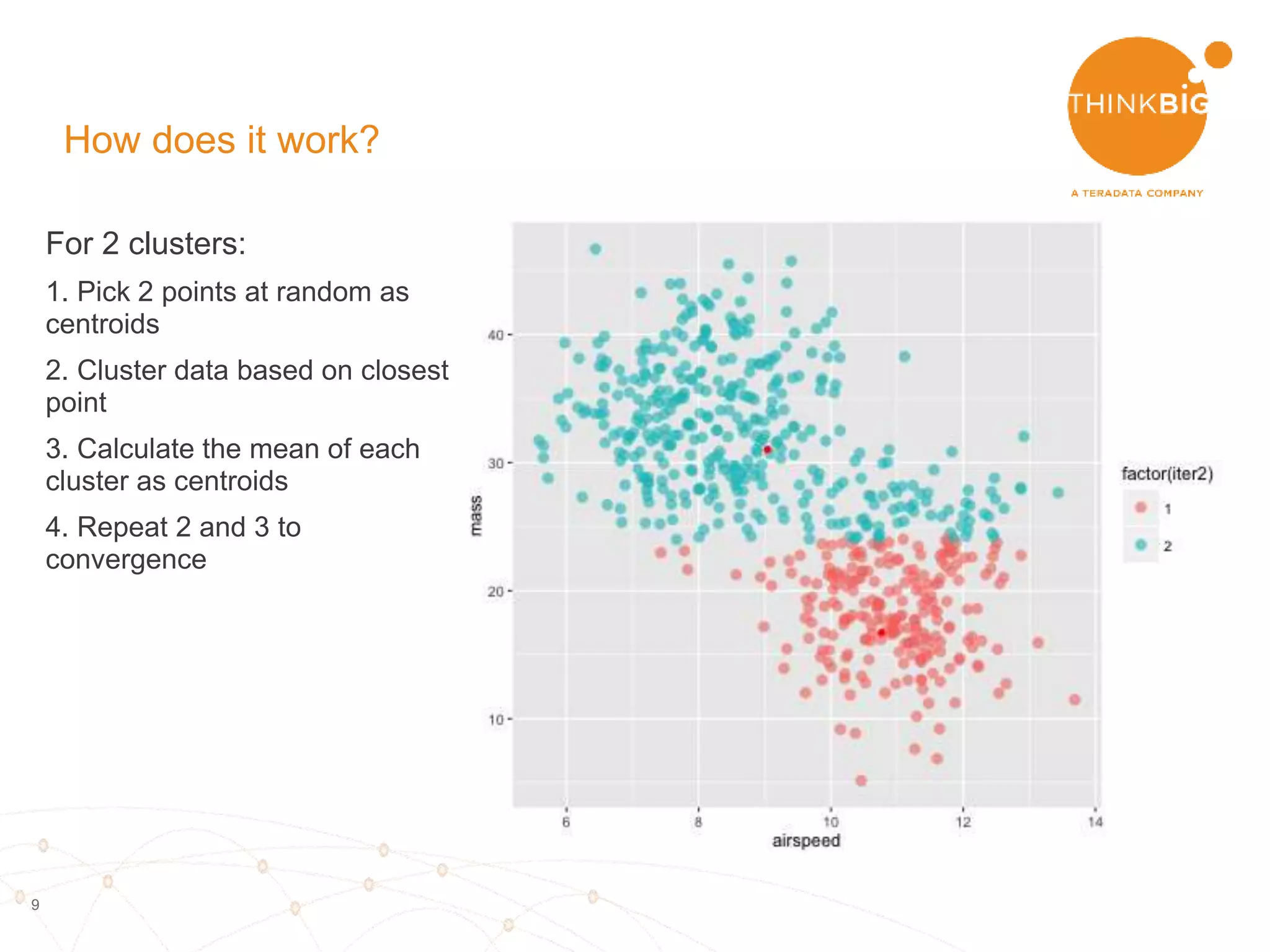 9
For 2 clusters:
1. Pick 2 points at random as
centroids
2. Cluster data based on closest
point
3. Calculate the mean of each
cluster as centroids
4. Repeat 2 and 3 to
convergence
How does it work?
 