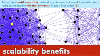 scalability benefits
This increased social connectivity makes it easy to learn and spread information about
worthy causes, creating wide-scale awareness without a large budget. 1
Image: “Social Network Diagram” by DarwinPeacock. CC 3.0
 