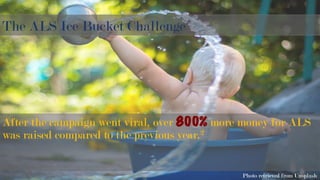 The ALS Ice Bucket Challenge
After the campaign went viral, over 800% more money for ALS
was raised compared to the previous year.2
Photo retrieved from Unsplash
 