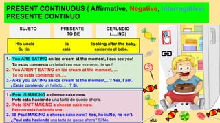 PRESENT CONTINUOUS ( Affirmative, Negative, Interrogative)
PRESENTE CONTINUO
SUJETO PRESENTE
TO BE
GERUNDIO
(.....ING)
1.- You ARE EATING an ice cream at the moment, I can see you!
Tú estás comiendo un helado en este momento, te veo!
2.- You AREN’T EATING an ice cream at the moment, ...
Tú no estás comiendo un…..
3.- ARE you EATING an ice cream at the moment,...? Yes, I am.
¿Estás comiendo un helado… ? Sí.
1.- Pete IS MAKING a cheese cake now.
Pete está haciendo una tarta de queso ahora.
2.- Pete ISN’T MAKING a cheese cake now.
Pete no está haciendo una ….
3.- IS Paul MAKING a cheese cake now? Yes, he is/No, he isn’t.
¿Paul está haciendo una tarta de queso ahora? Sí/No.
His uncle is looking after the baby.
Su tío está cuidando al bebé.
Mbb
 