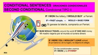 CONDITIONAL SENTENCES ORACIONES CONDICIONALES
SECOND CONDITIONAL Condicional TIPO II
IF I WON the lottery, I WOULD BUY a Ferrari.
Si ganase la lotería, compraría un Ferrari.
IF + PAST simple. WOULD + BASE FORM
MY MUM WOULD TRAVEL around the world IF SHE HAD money
Mi madre viajaría por el mundo si tuviera dinero
IF I WERE YOU, I WOULDN’T LEAVE school.
Si yo fuera tú ( en tu lugar), no dejaría el colegio.
En las condicionales usamos
IF I WERE y no IF I WAS:
Mbb
 