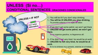 UNLESS (Si no…)
CONDITIONAL SENTENCES ORACIONES CONDICIONALES
UNLESS = IF NOT 1.- You will be ill if you don’t stop drinking.
1.- You will be ill UNLESS you stop drinking.
Te pondrás enfermo si no dejas de beber.
2.- If we don’t get some petrol, we won’t get there
2.- UNLESS we get some petrol, we won’t get
there.
Si no cogemos gasolina, no llegaremos allí.
3.- If he didn’t feel very tired, he would be at work
3.- UNLESS he felt very tired, he would be at
work.
Si no te sintieras muy cansado, estarías en el trabajo.
Con verbo
Afirmativo
Mbb
 