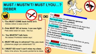 MUST / MUSTN’T/ MUST I,YOU…?
DEBER
Con MUST:
1.- Se expresa una obligación general:
You must wear your seatbelt.
Debes/Es obligatorio usar el cinturón de seguridad.
2.- Expresa una obligación ética o moral.
I must obey the rules.
Yo debo obedecer las reglas.
3.- Expresa una probabilidad.
This restaurant must be good
It’s full of people.
Este restaurante debe ser bueno. Está lleno de gente.
Con MUSTN’T se expresa la prohibición:
You mustn’t take photos in the museum.
No se debe/ Prohibido sacar fotos en el museo.
1.- You MUST COME back home at 9.
Debes volver a casa a las 9.
2.- Pete MUST BE at home. I can see light.
Pete debe estar en casa . Veo luz.
3.- You MUSTN’T talk here.
No debes/ Prohibido hablar aquí.
4.- MUST WE pay in advance? Yes, you must.
¿Debemos pagar por adelantado? Sí.
5.- I MUST GO now! I can’t miss my class.
Debo irme ahora. No puedo perderme la clase.
Mbb
 