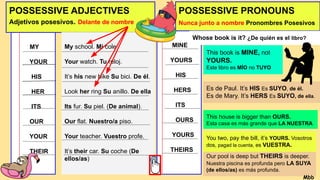 POSSESSIVE ADJECTIVES
Adjetivos posesivos. Delante de nombre
POSSESSIVE PRONOUNS
Nunca junto a nombre Pronombres Posesivos
MY
YOUR
HIS
HER
ITS
OUR
YOUR
THEIR
MINE
YOURS
HIS
HERS
ITS
OURS
YOURS
THEIRS
This book is MINE, not
YOURS.
Este libro es MÍO no TUYO
My school. Mi cole
Your watch. Tu reloj.
It’s his new bike Su bici. De él.
Look her ring Su anillo. De ella
Its fur. Su piel. (De animal).
Our flat. Nuestro/a piso.
Your teacher. Vuestro profe.
It’s their car. Su coche (De
ellos/as)
This house is bigger than OURS.
Esta casa es más grande que LA NUESTRA
Es de Paul. It’s HIS Es SUYO, de él.
Es de Mary. It’s HERS Es SUYO, de ella.
Our pool is deep but THEIRS is deeper.
Nuestra piscina es profunda pero LA SUYA
(de ellos/as) es más profunda.
You two, pay the bill, it’s YOURS. Vosotros
dos, pagad la cuenta, es VUESTRA.
Whose book is it? ¿De quién es el libro?
Mbb
 