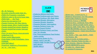 - NI…NI. Tampoco.
- No poder evitar/No poder dejar de...
- PARA (To) Propósito o resultado.
- PARA (In order to /So as to) hacer algo.
- PARA QUE … (So That).
- Pasiva (La voz pasiva) (1,2)
- Pasado Continuo. Afir, Neg, Interrg.
- Pasado simple. Afirm. Canté-Cantaba.
- Pasado simple/Past simple. Negativo.
- Pasado simple/Past simple. Interrgat.
- PERO.
- Poco, Un poco/ Pocos, Unos pocos/as
(Little/Few) (1,2).
- Poder/ podría (May/might).
- Poder/Saber, (CAN) Podía/Sabía. Usos.
- PORQUE.
- POR QUÉ (Why)?
- Posesivos: Adjetivos y Pronombres:
mi, tu…, mío, tuyo...
- Quiero que… (I want you to…).
- Relativos (Oraciones): Con /Sin comas.
Defining/Non Defining clauses.
- Relativos: Cuyo,a, s. WHOSE.
- Relativos Orac.: omitiendo That y Who.
- Relativos: EN EL/LA QUE CUYO, when...
- Relativos: QUE, CUAL /Who, That, Which
- SERÍA MEJOR//Más vale que: Had better
- Suficiente/Bastante + Adjet/ Adver/Nombre
- Superlativo.
- Tan, SUCH…/ Tan…que: SUCH …THAT.
- Tan/Tanto/s. SO.
- Todo el mundo, en todas partes…
- Todos + Nombre (Todos los días…).
- Un/a, Unos/as, Algunos, Ninguno...
- VALER /MERECER la pena.
- Yo solía / tú …(hacer algo).
- Yo también/Yo tampoco.
Mbb
PG ÍNDICE
anterior
- Preferiría (WOULD RATHER).
- Presente Continuo para uso Futuro.
- Presente Continuo. Afir, Negt, Interr.
- Presente (Simple). Afirmativo.
- Presente (Simple). Negativo.
- Presente (Simple) Interrogativo.
- Pretérito Perfecto Comp. (he
comido).Present Perfect.
- Pretérito Perfecto Comp. con Ever,
Just, Yet, Already.
- Pret. Pluscuamperfecto/ Past Perfect.
Había comido.
- Pronombres Sujeto:Yo,Tú…
Objeto: hazLO, para Mí...
- PUESTO QUE/ YA QUE (Causa).
- QUÉ (What)?
- QUIÉN (Who)?
CLICK
 