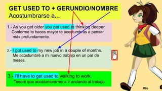 GET USED TO + GERUNDIO/NOMBRE
Acostumbrarse a...
1.- As you get older you get used to thinking deeper.
Conforme te haces mayor te acostumbras a pensar
más profundamente.
3.- I’ll have to get used to walking to work.
Tendré que acostumbrarme a ir andando al trabajo.
2.- I got used to my new job in a couple of months.
Me acostumbré a mi nuevo trabajo en un par de
meses.
Mbb
 