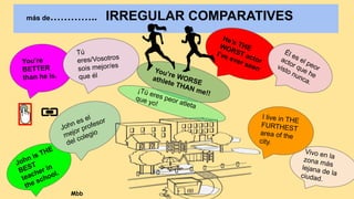 más de………….. IRREGULAR COMPARATIVES
You’re
BETTER
than he is.
Vivo en la
zona más
lejana de la
ciudad.
He’s THE
WORST actor
I’ve ever seen
John is THE
BEST
teacher in
the school.
John es el
mejor profesor
del colegio
Él es el peor
actor que he
visto nunca.
Tú
eres/Vosotros
sois mejor/es
que él
I live in THE
FURTHEST
area of the
city.
You’re WORSE
athlete THAN me!!
¡Tú eres peor atleta
que yo!
Mbb
 