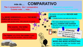 más de…. COMPARATIVO
The + comparativo, the + comparativo Repeated comparativo
Cuanto más…., más…. Repetir el comparativo: Cada vez más
The MORE GORGEOUS you are, THE MORE
POPULAR you become.
Cuanto más guapo eres, más popular te haces.
The sooner, the better.
Cuanto antes, mejor.
The higher you climb, the colder it gets.
Cuanto más alto escalas, más frío hace.
Mbb
He works a lot and he’s RICHER AND
RICHER.
Trabaja mucho y es cada vez más rico
We were afraid because it was
getting DARKER AND DARKER
Teníamos miedo porque estaba cada vez
más oscuro
English classes are getting
MORE AND MORE INTERESTING!
Las clases de inglés me resultan cada
vez más interesantes
ATENCIÓN
Si el comparativo es con More
(por ser largo) se hace:
More and more…...
 