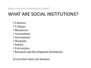 What is the future architecture of work?What are social institutions? Libraries