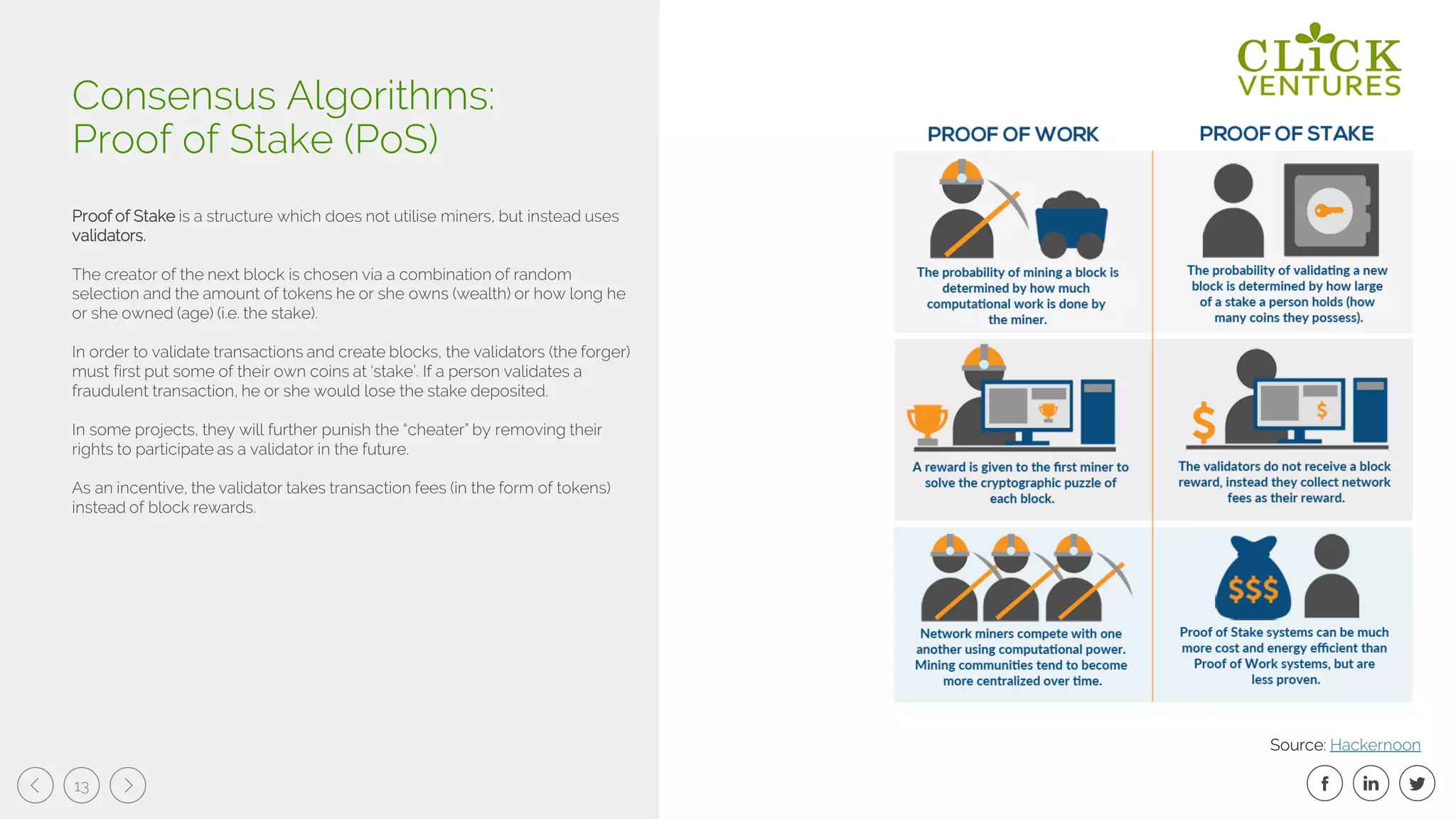 13
Proof of Stake is a structure which does not utilise miners, but instead uses
validators.
The creator of the next block is chosen via a combination of random
selection and the amount of tokens he or she owns (wealth) or how long he
or she owned (age) (i.e. the stake).
In order to validate transactions and create blocks, the validators (the forger)
must first put some of their own coins at ‘stake’. If a person validates a
fraudulent transaction, he or she would lose the stake deposited.
In some projects, they will further punish the “cheater” by removing their
rights to participate as a validator in the future.
As an incentive, the validator takes transaction fees (in the form of tokens)
instead of block rewards.
Consensus Algorithms:
Proof of Stake (PoS)
Source: Hackernoon
 