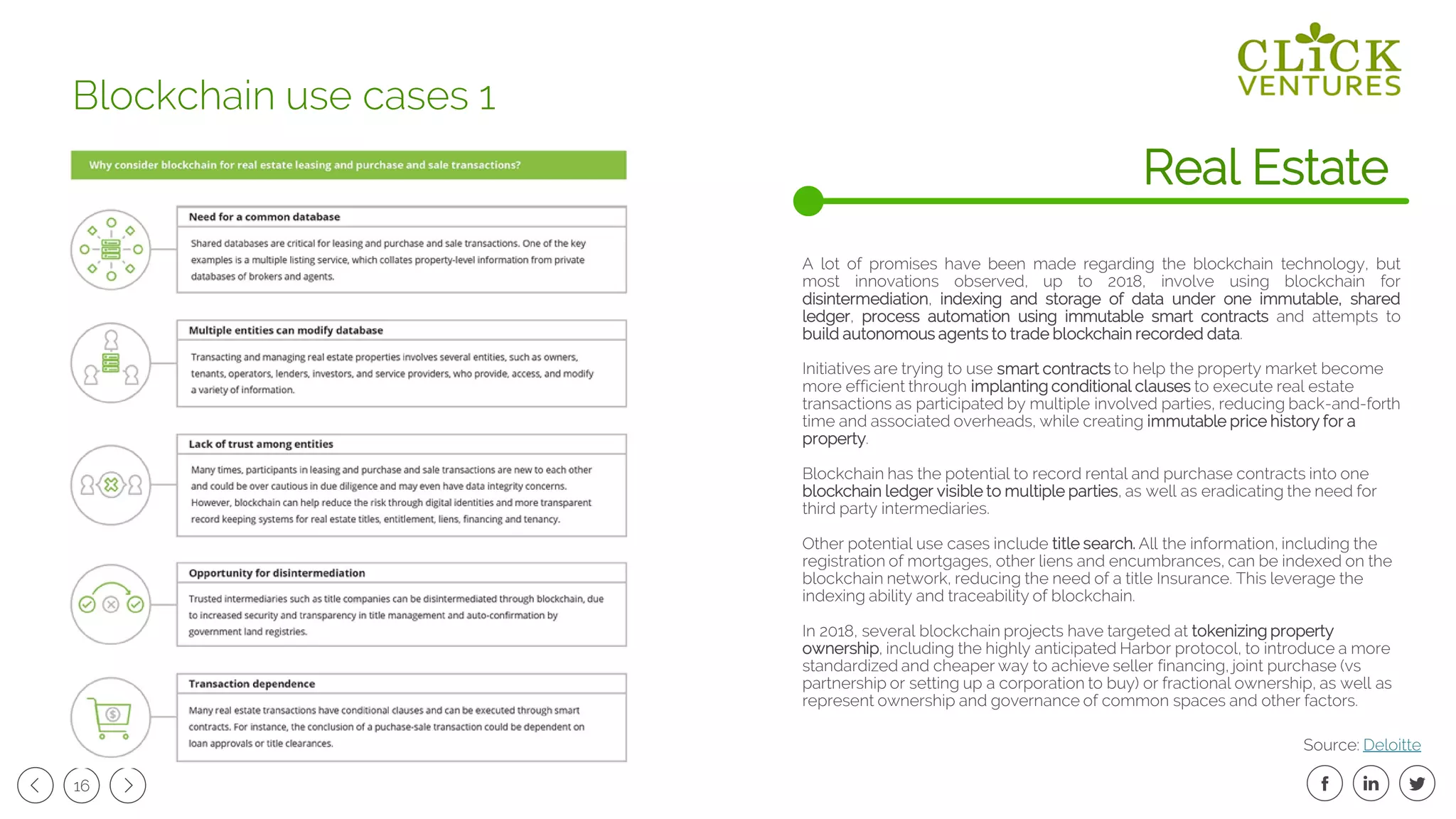 16
A lot of promises have been made regarding the blockchain technology, but
most innovations observed, up to 2018, involve using blockchain for
disintermediation, indexing and storage of data under one immutable, shared
ledger, process automation using immutable smart contracts and attempts to
build autonomous agents to trade blockchain recorded data.
Initiatives are trying to use smart contracts to help the property market become
more efficient through implanting conditional clauses to execute real estate
transactions as participated by multiple involved parties, reducing back-and-forth
time and associated overheads, while creating immutable price history for a
property.
Blockchain has the potential to record rental and purchase contracts into one
blockchain ledger visible to multiple parties, as well as eradicating the need for
third party intermediaries.
Other potential use cases include title search. All the information, including the
registration of mortgages, other liens and encumbrances, can be indexed on the
blockchain network, reducing the need of a title Insurance. This leverage the
indexing ability and traceability of blockchain.
In 2018, several blockchain projects have targeted at tokenizing property
ownership, including the highly anticipated Harbor protocol, to introduce a more
standardized and cheaper way to achieve seller financing, joint purchase (vs
partnership or setting up a corporation to buy) or fractional ownership, as well as
represent ownership and governance of common spaces and other factors.
Real Estate
Blockchain use cases 1
Source: Deloitte
 