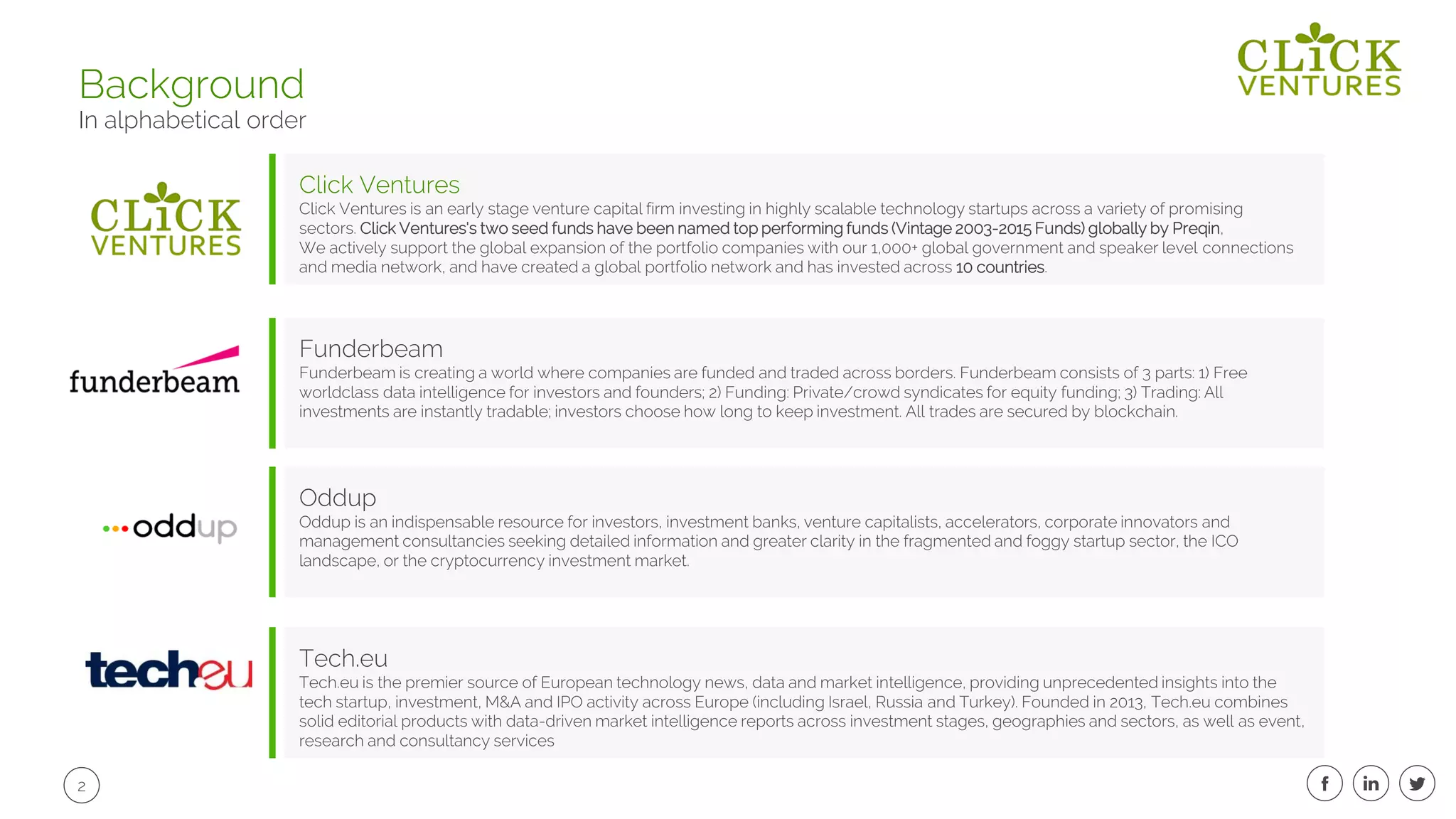 2
Background
In alphabetical order
Click Ventures
Click Ventures is an early stage venture capital firm investing in highly scalable technology startups across a variety of promising
sectors. Click Ventures's two seed funds have been named top performing funds (Vintage 2003-2015 Funds) globally by Preqin,
We actively support the global expansion of the portfolio companies with our 1,000+ global government and speaker level connections
and media network, and have created a global portfolio network and has invested across 10 countries.
Funderbeam
Funderbeam is creating a world where companies are funded and traded across borders. Funderbeam consists of 3 parts: 1) Free
worldclass data intelligence for investors and founders; 2) Funding: Private/crowd syndicates for equity funding; 3) Trading: All
investments are instantly tradable; investors choose how long to keep investment. All trades are secured by blockchain.
Oddup
Oddup is an indispensable resource for investors, investment banks, venture capitalists, accelerators, corporate innovators and
management consultancies seeking detailed information and greater clarity in the fragmented and foggy startup sector, the ICO
landscape, or the cryptocurrency investment market.
Tech.eu
Tech.eu is the premier source of European technology news, data and market intelligence, providing unprecedented insights into the
tech startup, investment, M&A and IPO activity across Europe (including Israel, Russia and Turkey). Founded in 2013, Tech.eu combines
solid editorial products with data-driven market intelligence reports across investment stages, geographies and sectors, as well as event,
research and consultancy services
 