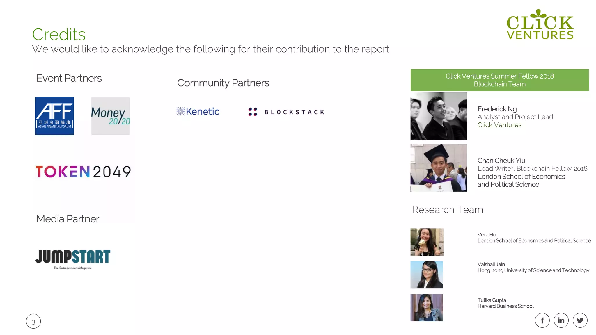 3
Credits
We would like to acknowledge the following for their contribution to the report
Event Partners
Media Partner
Frederick Ng
Analyst and Project Lead
Click Ventures
Chan Cheuk Yiu
Lead Writer, Blockchain Fellow 2018
London School of Economics
and Political Science
Click Ventures Summer Fellow 2018
Blockchain Team
Vera Ho
London School of Economics and Political Science
Vaishali Jain
Hong Kong University of Science and Technology
Tulika Gupta
Harvard Business School
Research Team
Community Partners
 