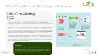 36
ICO is a fundraising method used by blockchain startups to sell new form of cryptocurrency
or token that can be used in the product/service they wish to build in the future, in
exchange for fiat currency, or common cryptocurrencies such as Bitcoin or Ether to support
their development now.
At the time of the ICO, most instances the product isn’t ready for launch yet. Also, because
of laws around securities, companies usually try to issue utility token instead of security
tokens to avoid the regulatory overhead. The ICO is thus similar to a pre-order for product or
services (i.e. utility) provided by the company. Unlike an IPO, the company does not sell its
shares or its control over the company (non-dilutive) if they are issuing utility token.
The fundraising target is to meet at least the ‘soft cap’ (minimum amount). If the ‘soft cap’
isn’t met, the funds are returned to the investors. If the soft cap is met, the company can still
allow oversubscription until the hard cap is met if such is defined at the beginning of the
fundraising project. The tokens can then be listed on cryptocurrency exchanges (similar to
an IPO) where people can trade the tokens.
Initial Coin Offering
(ICO)
ICO vs STO vs IPO vs VC: The Conceptual Differences
Editor’s Note:
One difference of ICO and KickStarter kind of crowdfunding is that
companies usually list their coin or token in an exchange (like securities in
IPO) and thus provide a secondary market for the token trading as well
as potential speculation opportunities in some cases.
Source: IEC
 