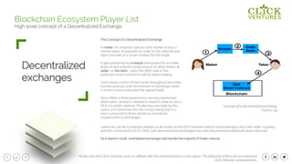 51
Decentralized
exchanges
Blockchain Ecosystem Player List
High level concept of a Decentralized Exchange
Kindly note that Click Ventures have no affiliate with the mentioned firms in this report. The featuring of firms do not represent
Click Ventures’ endorsements.
The Concept of a Decentralized Exchange
A maker, for instance a person who wishes to buy a
certain token, broadcasts an order to the network and
signs one side of a smart contract for this trade.
It gets picked up by a relayer who posts it to an order
book on the network comprising of all other orders. A
seller, i.e. the taker , signs the other side of this
particular smart contract to sell its token holding.
Users keep control of their funds throughout the entire
transfer process until the moment of exchange, when
a smart contract executes the signed trade.
Since DEXs in their purest form use only blockchain
information, all that is needed to share in order to use a
DEX is a public address. Private keys are held by the
users, so it minimizes the risk of keys being lost in a
hack compared to them stored at centralized
cryptocurrency exchanges.
Latencies can be a potential setback as all nodes on the DEX network need to acknowledge a buy/sell order. Liquidity
and the current lack of KYC/AML with decentralized exchanges may also be potential roadblocks down the road.
As it stand in 2018, centralized exchanges still handle the majority of trade volume.
Concept of a decentralized exchange.
Source: 0X
 