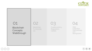 6
01
Blockchain
Concepts
Walkthrough
Blockchain
Fundraising
101
02 03 04
Cryptocurrency
Regulations
Update
Data
Collection
Methodology
and
Background
 
