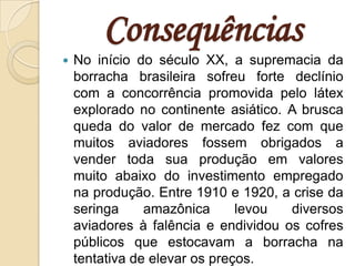 ConsequênciasNo início do século XX, a supremacia da borracha brasileira sofreu forte declínio com a concorrência promovida pelo látex explorado no continente asiático. A brusca queda do valor de mercado fez com que muitos aviadores fossem obrigados a vender toda sua produção em valores muito abaixo do investimento empregado na produção. Entre 1910 e 1920, a crise da seringa amazônica levou diversos aviadores à falência e endividou os cofres públicos que estocavam a borracha na tentativa de elevar os preços. 
