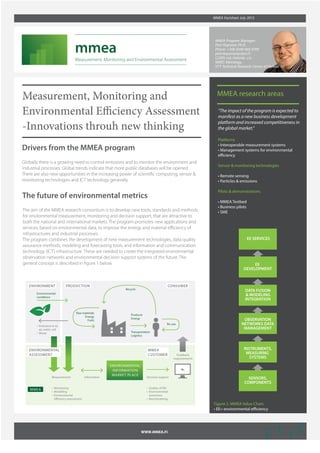 Measurement, Monitoring and
Environmental Efficiency Assessment
-Innovations throuh new thinking
MMEA research areas
”The impact of the program is expected to
manifest as a new business development
platform and increased competitiveness in
the global market.”
Platforms
• Interoperable measurement systems
• Management systems for environmental
efficiency
Sensor & monitoring technologies
• Remote sensing
• Particles & emissions
Pilots & demonstrations
• MMEA Testbed
• Business pilots
• SME
MMEA Factsheet July 2015
Drivers from the MMEA program
Globally there is a growing need to control emissions and to monitor the environment and
industrial processes. Global trends indicate that more public databases will be opened.
There are also new opportunities in the increasing power of scientiﬁc computing, sensor &
monitoring technologies and ICT technology generally.
The future of environmental metrics
The aim of the MMEA research consortium is to develop new tools, standards and methods
for environmental measurement, monitoring and decision support, that are attractive to
both the national and international markets. The program promotes new applications and
services, based on environmental data, to improve the energy and material eﬃciency of
infrastructures and industrial processes.
The program combines the development of new measurement technologies, data quality
assurance methods, modeling and forecasting tools, and information and communication
technology (ICT) infrastructure. These are needed to create the integrated environmental
observation networks and environmental decision support systems of the future. The
general concept is described in ﬁgure 1 below.
WWW.MMEA.FI
EE SERVICES
EE
DEVELOPMENT
DATA FUSION
& MODELING
INTEGRATION
OBSERVATION
NETWORKS DATA
MANAGEMENT
INSTRUMENTS,
MEASURING
SYSTEMS
SENSORS,
COMPONENTS
Figure 2. MMEA Value Chain
• EE= environmental efficiency
MMEA Program Manager;
Petri Koponen Ph.D.
Phone: +358 (0)40 660 9709
petri.koponen@cleen.fi
CLEEN Ltd, Helsinki, c/o
MIKES Metrology,
VTT Technical Research Centre of Finland ltd.
 
