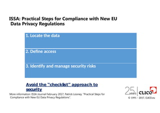 © 1991 − 2017, CLICO.eu
ISSA: Practical Steps for Compliance with New EU
Data Privacy Regulations
1. Locate the data
2. Define access
3. Identify and manage security risks
More information: ISSA Journal February 2017, Patrick Looney, "Practical Steps for
Compliance with New EU Data Privacy Regulations".
Avoid the “checklist” approach to
security
 