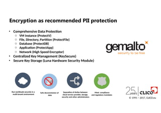 © 1991 − 2017, CLICO.eu
Encryption as recommended PII protection
Run workloads securely in a
multi-tenant environment
Safe decommission of
data
Meet compliance
and regulatory mandates
Separation of duties between
cloud service provider, storage,
security and other administrators
• Comprehensive Data Protection
o VM Instance (ProtectV)
o File, Directory, Partition (ProtectFile)
o Database (ProtectDB)
o Application (ProtectApp)
o Network (High Speed Encryptor)
• Centralized Key Management (KeySecure)
• Secure Key Storage (Luna Hardware Security Module)
 