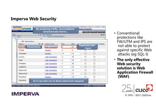 By analyzing traffic, SecureSphere
automatically learns…
Directories
URLs
Parameters
Expected user
input
So it can alert on or block abnormal requests
Imperva Web Security
• Conventional
protections like
FW/UTM and IPS are
not able to protect
against specific Web
attacks (eg SQL-I)
• The only effective
Web security
solution is Web
Application Firewall
(WAF)
© 1991 − 2017, CLICO.eu
 
