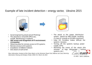 • Social engineering attack (email Phishing)
• The attached in email MS Office doc.
installs BlackEnergy 3 malware
• C&C access and recognition of IT environment
(+6 months)
• Obtaining data for remote access to ICS systems
• Remote access to ICS systems
• Installation of KillDisk malware
• DoS attack at Call Center
• The attack at the power distribution
system (attack by HMI SCADA, resulting
in a lack of energy at 225,000 customers)
• False ICS firmware makes difficult the
systems recovery
• Turning off the systems backup power
supply (UPS)
• Removing the traces of the attack (the
removal of logs, destruction / locking
systems, etc.)
Example of late incident detection – energy sector, Ukraine 2015
© 1991 − 2017, CLICO.eu
More information: Analysis of the Cyber Attack on the Ukrainian Power Grid, Defense Use Case, Electricity
Information Sharing and Analysis Center, SANS-ICS, March 18, 2016
 
