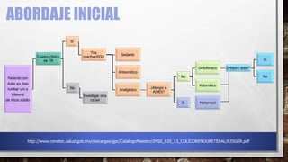 ABORDAJE INICIAL
Paciente con
dolor en fosa
lumbar uni o
bilateral
de inicio súbito
Cuadro clínico
de CR
Si
Tira
reactiva/EGO
Sedante
Antiemético
Analgésico
¿Alergia a
AINES?
No
Diclofenaco ¿Mejoró dolor?
Si
No
Ketorolaco
Si Metamizol
No
Investigar otra
causa
http://www.cenetec.salud.gob.mx/descargas/gpc/CatalogoMaestro/IMSS_635_13_COLICORENOURETERAL/635GRR.pdf
 