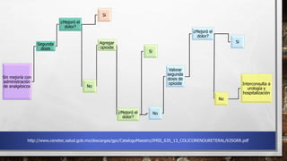 Sin mejoría con
administración
de analgésicos
Segunda
dosis
¿Mejoró el
dolor?
Si
No
Agregar
opioide
¿Mejoró el
dolor?
Si
No
Valorar
segunda
dosis de
opioide
¿Mejoró el
dolor?
Si
No
Interconsulta a
urología y
hospitalización
http://www.cenetec.salud.gob.mx/descargas/gpc/CatalogoMaestro/IMSS_635_13_COLICORENOURETERAL/635GRR.pdf
 
