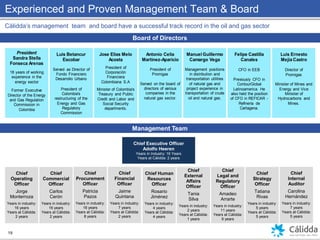 Experienced and Proven Management Team & Board
Cálidda’s management team and board have a successful track record in the oil and gas sector
Board of Directors
Management Team
19
Chief
Operating
Officer
Jorge
Monterroza
Years in industry:
16 years
Years at Cálidda:
2 years
Chief Executive Officer
Adolfo Heeren
Years in Industry: 16 Years
Years at Cálidda: 2 years
Chief
Commercial
Officer
Carlos
Cerón
Years in industry:
16 years
Years at Cálidda:
2 years
Chief
Procurement
Officer
Patricia
Pazos
Years in industry:
16 years
Years at Cálidda:
8 years
Chief
Financial
Officer
Jaime
Quintana
Years in industry:
7 years
Years at Cálidda:
2 years
Chief Human
Resources
Officer
Rosario
Jiménez
Years in industry:
4 years
Years at Cálidda:
4 years
Chief
External
Affairs
Officer
Tania
Silva
Years in industry:
2 years
Years at Cálidda:
1 years
Chief
Legal and
Regulatory
Officer
Amadeo
Arrarte
Years in industry:
11 years
Years at Cálidda:
9 years
Chief
Strategy
Officer
Tatiana
Rivas
Years in industry:
5 years
Years at Cálidda:
5 years
Chief
Internal
Auditor
Carolina
Hernández
Years in industry:
7 years
Years at Cálidda:
5 years
President
Sandra Stella
Fonseca Arenas
18 years of working
experience in the
energy sector
Former Executive
Director of the Energy
and Gas Regulation
Commission in
Colombia
Luis Betancur
Escobar
Served as Director of
Fondo Financiero
Desarrollo Urbano
President of
Colombia's
restructuring of the
Energy and Gas
Regulatory
Commission
Jose Elias Melo
Acosta
President of
Corporación
Financiera
Colombiana S.A
Minister of Colombia's
Treasury and Public
Credit and Labor and
Social Security
departments.
Antonio Celia
Martínez-Aparicio
President of
Promigas
Served on the board of
directors of various
companies in the
natural gas sector.
Manuel Guillermo
Camargo Vega
Management positions
in distribution and
transportation utilities
of natural gas and
project experience in
transportation of crude
oil and natural gas.
Felipe Castilla
Canales
CFO in EEB
Previously CFO in
ContourGlobal
Latinoamerica. He
also held the position
of CFO in REFICAR -
Refinería de
Cartagena.
Luis Ernesto
Mejía Castro
Director of
Promigas
Minister of Mines and
Energy and Vice
Minister of
Hydrocarbons and
Mines.
 