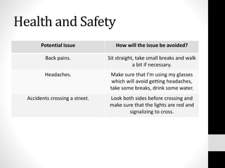 Health and Safety
Potential Issue How will the issue be avoided?
Back pains. Sit straight, take small breaks and walk
a bit if necessary.
Headaches. Make sure that I’m using my glasses
which will avoid getting headaches,
take some breaks, drink some water.
Accidents crossing a street. Look both sides before crossing and
make sure that the lights are red and
signalizing to cross.
 