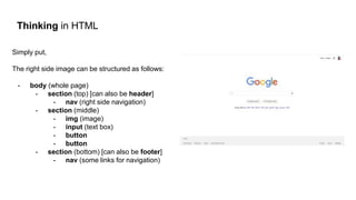 Thinking in HTML
Simply put,
The right side image can be structured as follows:
- body (whole page)
- section (top) [can also be header]
- nav (right side navigation)
- section (middle)
- img (image)
- input (text box)
- button
- button
- section (bottom) [can also be footer]
- nav (some links for navigation)
 