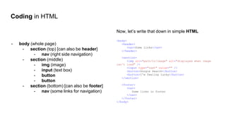 Coding in HTML
- body (whole page)
- section (top) [can also be header]
- nav (right side navigation)
- section (middle)
- img (image)
- input (text box)
- button
- button
- section (bottom) [can also be footer]
- nav (some links for navigation)
Now, let’s write that down in simple HTML
<body>
<header>
<nav>Some links</nav>
</header>
<section>
<img src="path/to/image" alt="displayed when image
can't load" />
<input type="text" value="" />
<button>Google Search</button>
<button>I'm feeling lucky</button>
</section>
<footer>
<nav>
Some links in footer
</nav>
</footer>
</body>
 