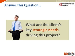 CLIENT-CENTERED PROPOSALS
What are the client’s
key strategic needs
driving this project?
Answer This Question…
 