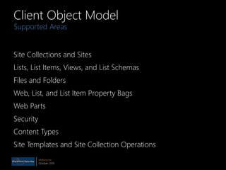 Melbourne
October 2010
Client Object Model
Site Collections and Sites
Lists, List Items, Views, and List Schemas
Files and Folders
Web, List, and List Item Property Bags
Web Parts
Security
Content Types
Site Templates and Site Collection Operations
Supported Areas
 