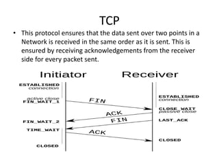 TCP
• This protocol ensures that the data sent over two points in a
Network is received in the same order as it is sent. This is
ensured by receiving acknowledgements from the receiver
side for every packet sent.
 