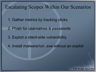Escalating Scopes Within Our Scenarios

 1. Gather metrics by tracking clicks

 2. Phish for usernames & passwords

 3. Ex...