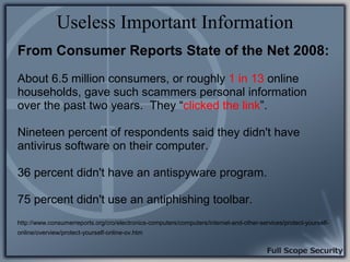 Useless Important Information
From Consumer Reports State of the Net 2008:
About 6.5 million consumers, or roughly 1 in 13...