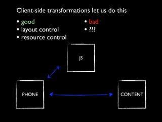 Client-side transformations let us do this
• good                      • bad
• layout control            • ???
• resource control

                       JS




  PHONE                                CONTENT
 