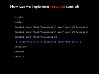 How can we implement resource control?

  <html>

  <body>

  <script type="text/javascript" src="one.js"></script>

  <script type="text/javascript" src="two.js"></script>

  <script type="text/javascript">

   $('[src="one.js"]').before($('[src="two.js"]'));

  </script>

  </body>

  </html>
 
