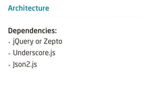 Architecture


Dependencies:
• jQuery or Zepto

•   Underscore.js
•   Json2.js
 