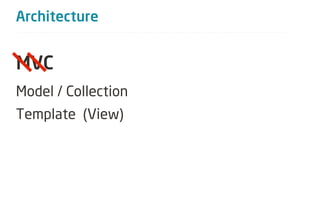 Architecture


MVC
Model / Collection
Template (View)
View (Controller)
Router
 