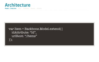 Architecture
Model / Collection - View - Template - Router - Utilities




     var Item = Backbone.Model.extend({
       idAttribute: “Id”,
       urlRoot: “/Items”
     });
 